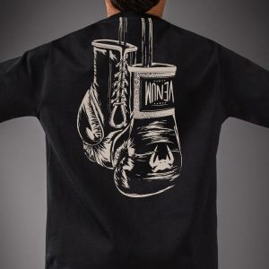 Детска Тениска Venum Fight Icon Kids Cotton T-Shirt – Black – детайл на белия принт с боксови ръкавици на гърба