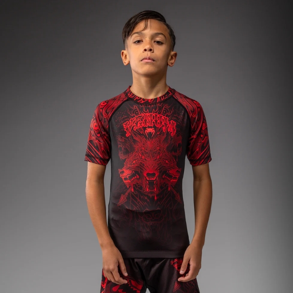 детски рашгард venum wolf atak kids short sleeve rashguard - black red