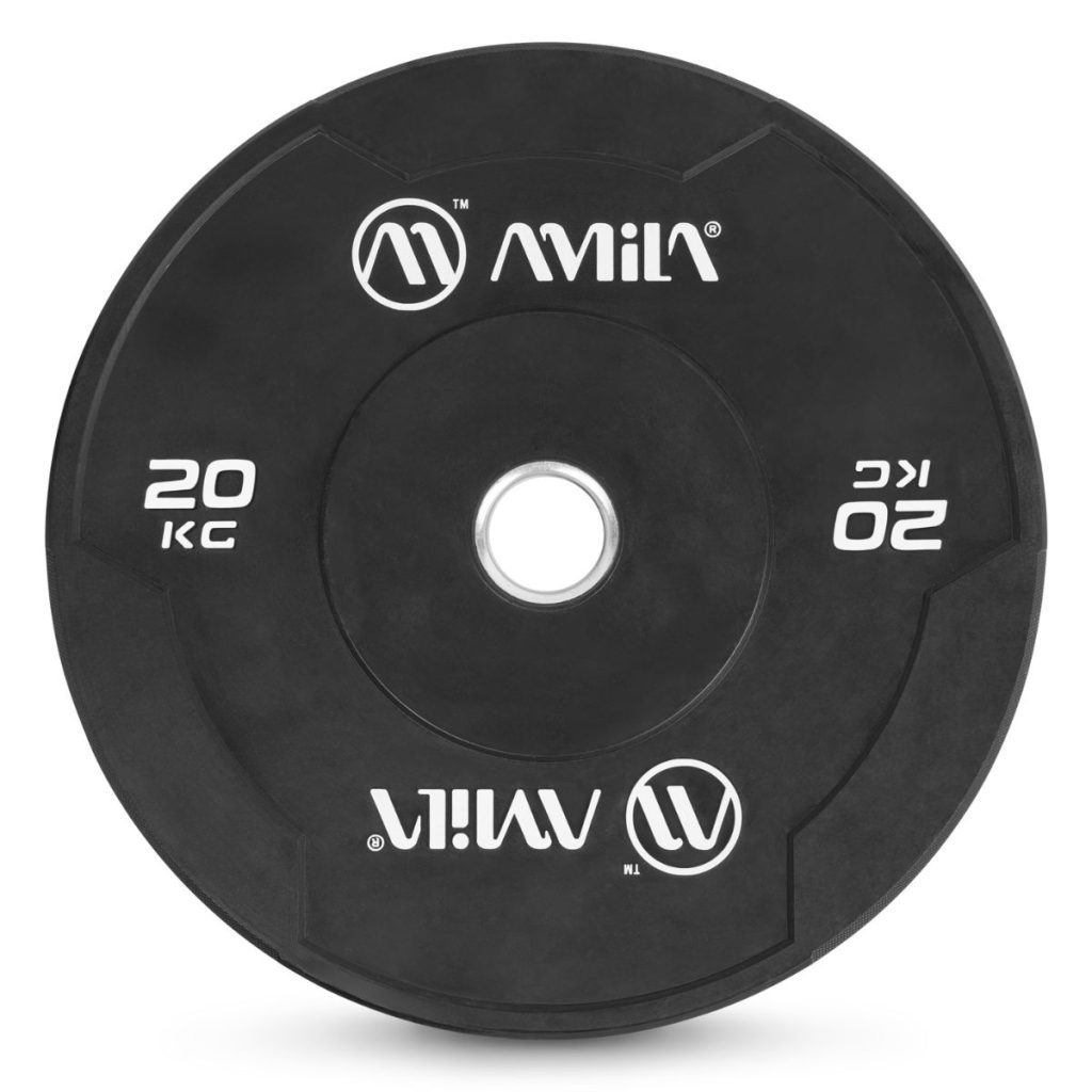 Гумиран бъмпер диск AMILA Black W 20 кг – изглед отпред с лого и обозначение на теглото