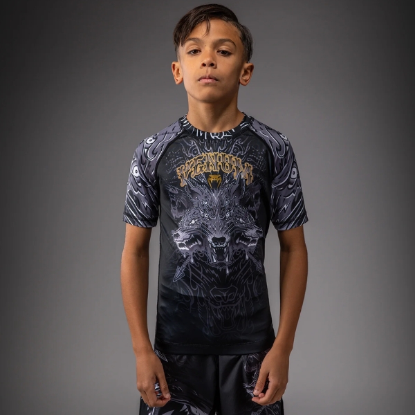 детски рашгард venum wolf atak kids short sleeve rashguard - black grey